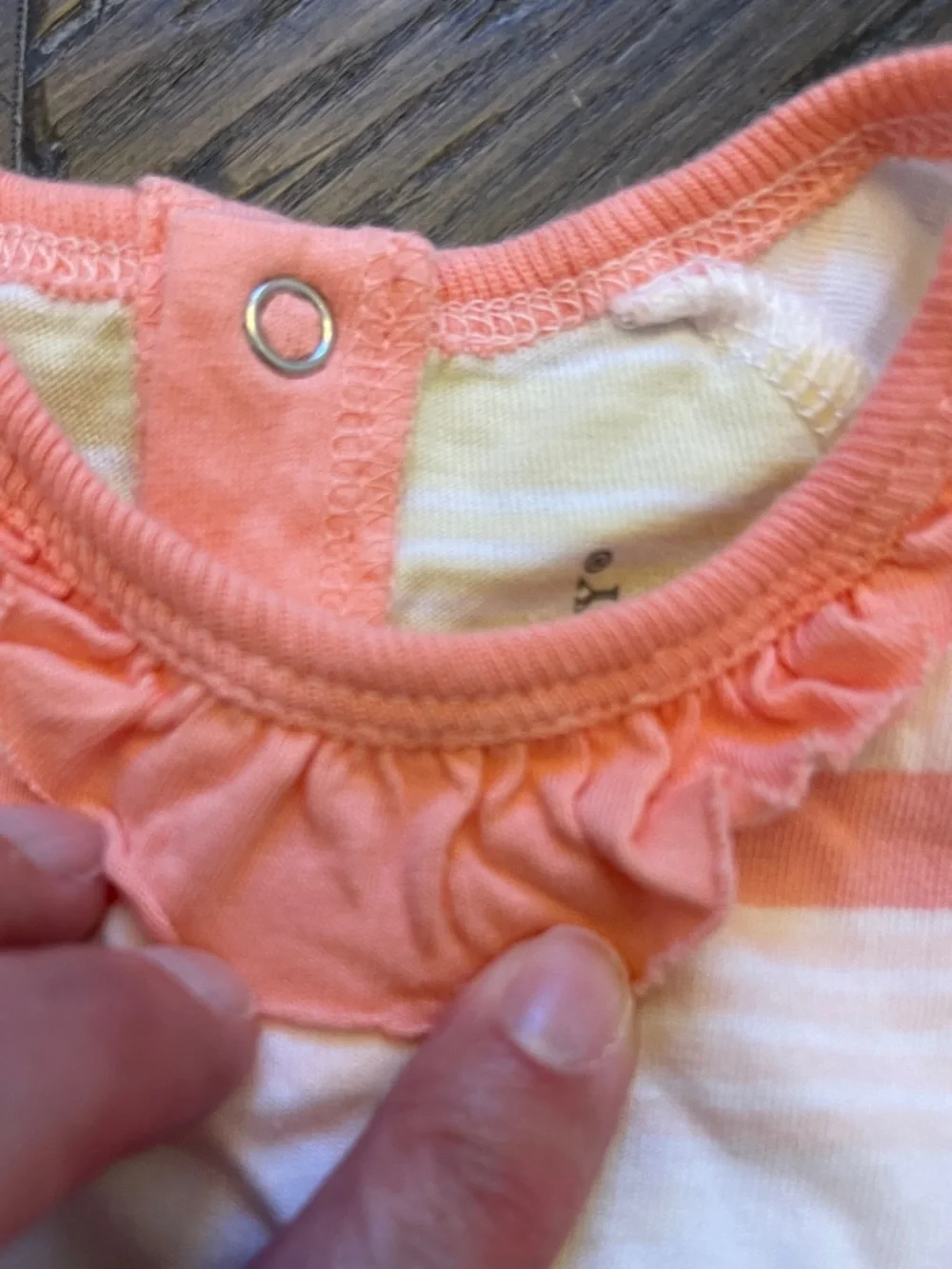 Burt's Bees Baby Peach and Yellow Stripe Onesie With Ruffle Neck
